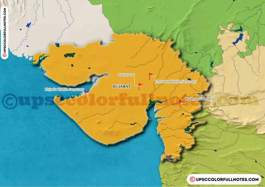 Ramsar Sites Gujrat, Khijadia Wildlife Sanctuary, Nalsarovar, Thol Lake Wildlife Sanctuary, Wadhvana Wetland