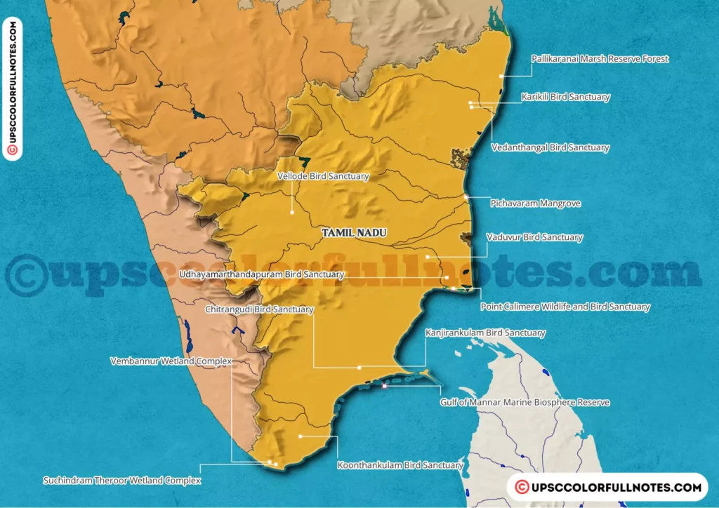 Ramsar Sites In TamilNadu MAP,Point Calimere Wildlife and Bird Sanctuary, Karikili Bird Sanctuary, Pallikaranai Marsh Reserve Forest, Pichavaram Mangrove, Vedanth