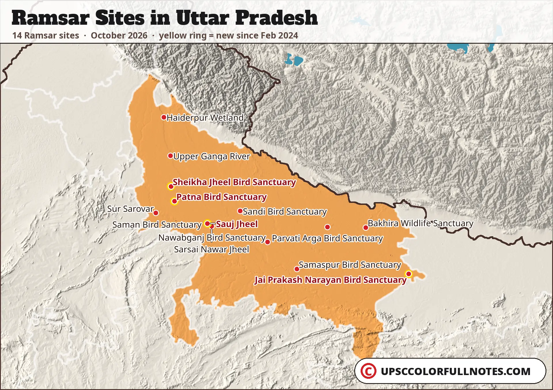 Ramsar sites in Uttar Pradesh map with 14 sites, including Upper Ganga River, Sarsai Nawar Jheel and Nawabganj Bird Sanctuary