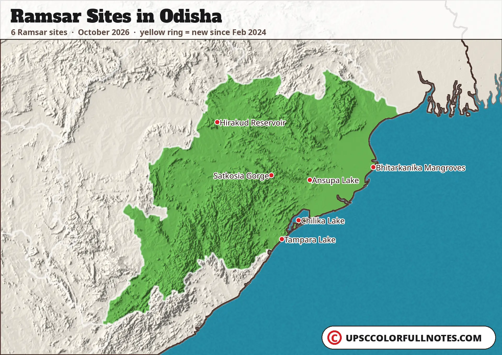 Ramsar sites in Odisha map with 6 sites, including Chilika Lake, Bhitarkanika Mangroves and Satkosia Gorge