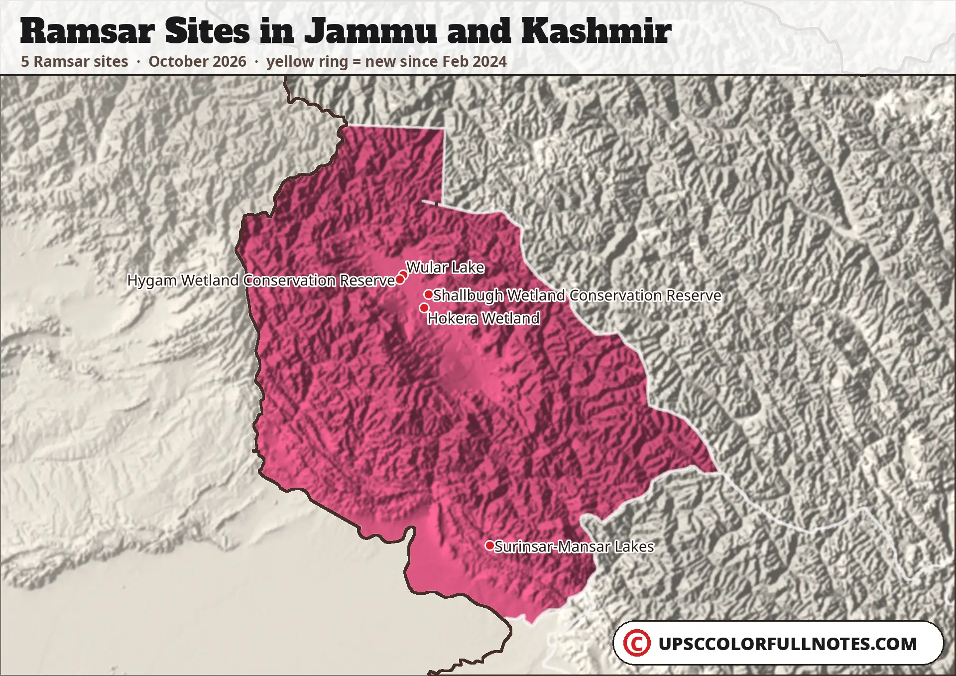 Ramsar sites in Jammu and Kashmir map with 5 sites, including Wular Lake, Hokera Wetland and Surinsar-Mansar Lakes