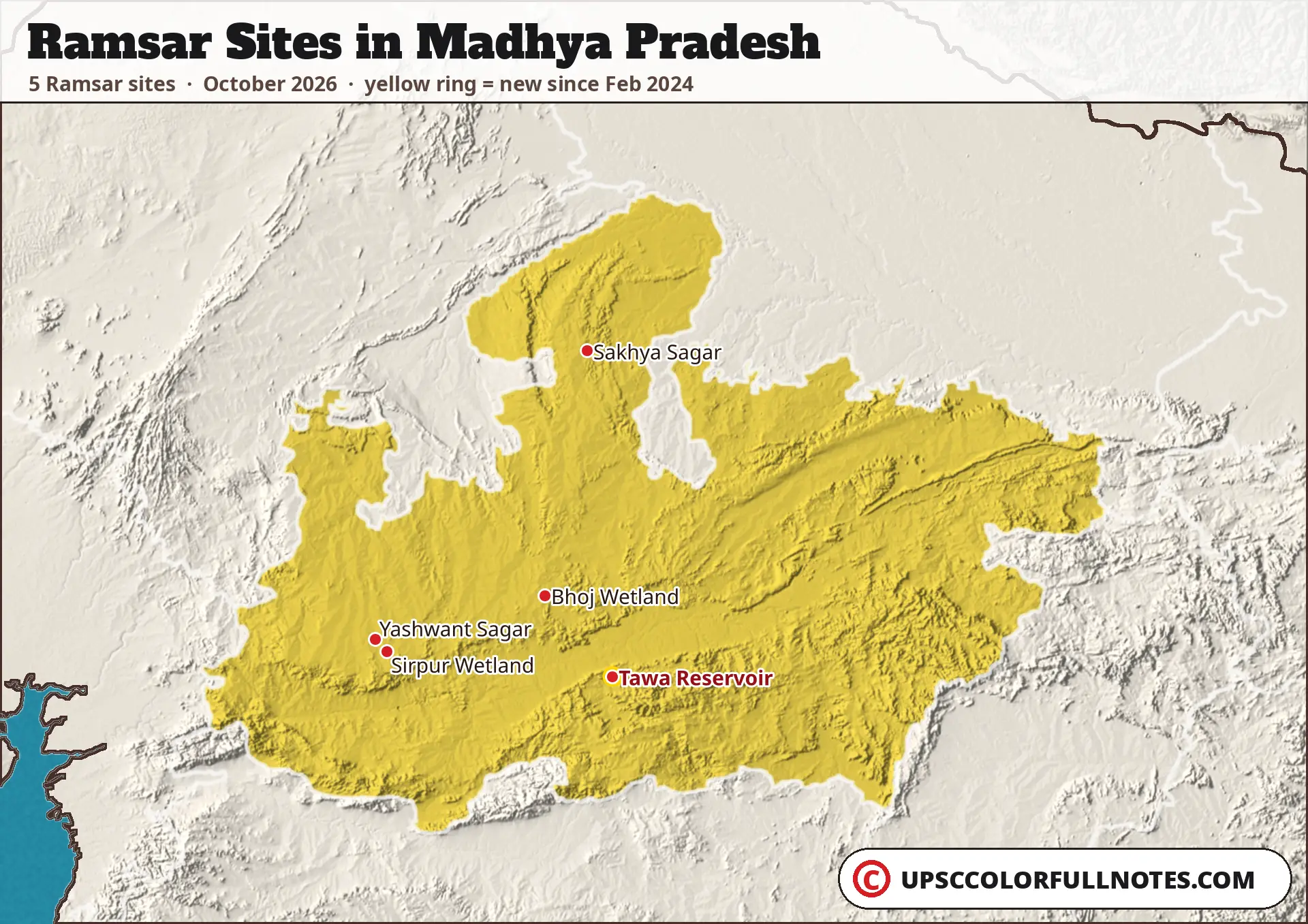 Ramsar sites in Madhya Pradesh map with 5 sites, including Bhoj Wetland, Sirpur Wetland and Sakhya Sagar