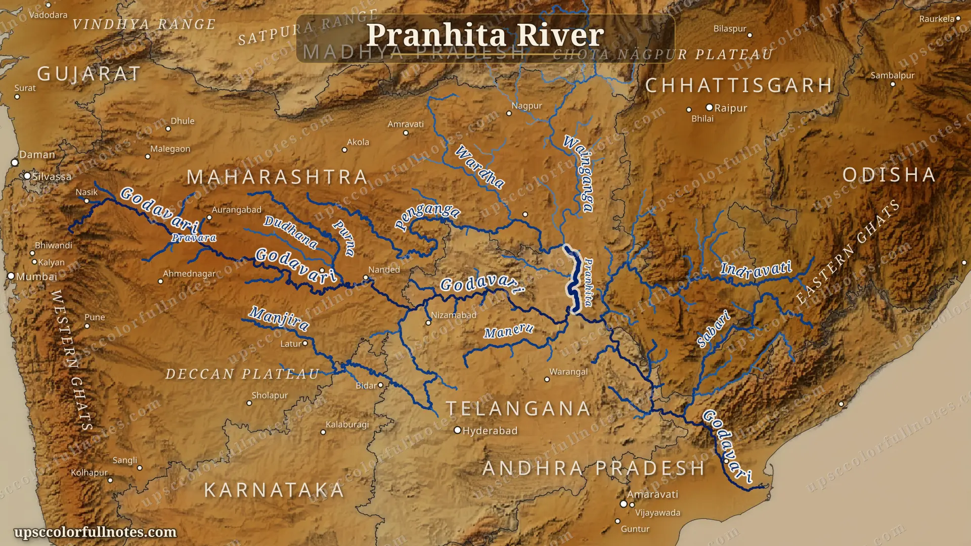 Pranhita river map — largest Godavari tributary draining 61,093 km² across Maharashtra and Telangana