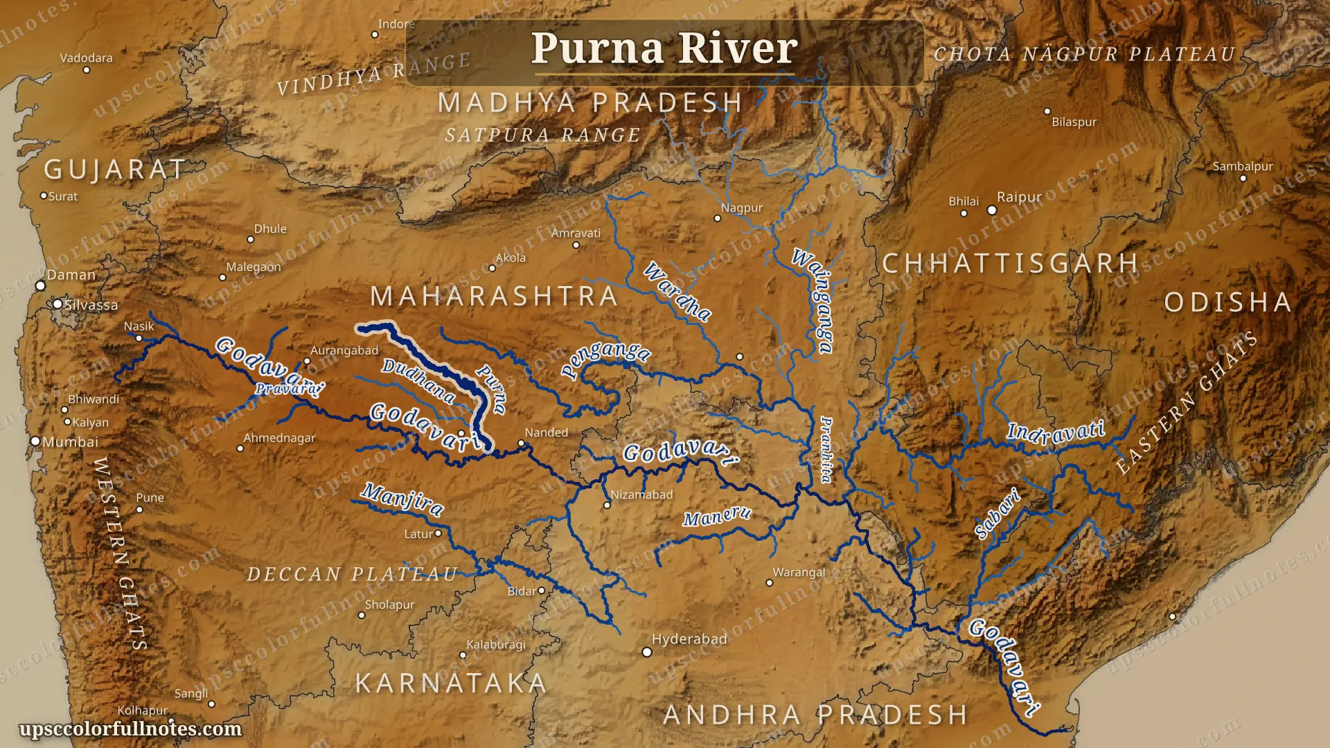 Purna river map — 373 km left-bank Godavari tributary draining 15,579 km² within Maharashtra