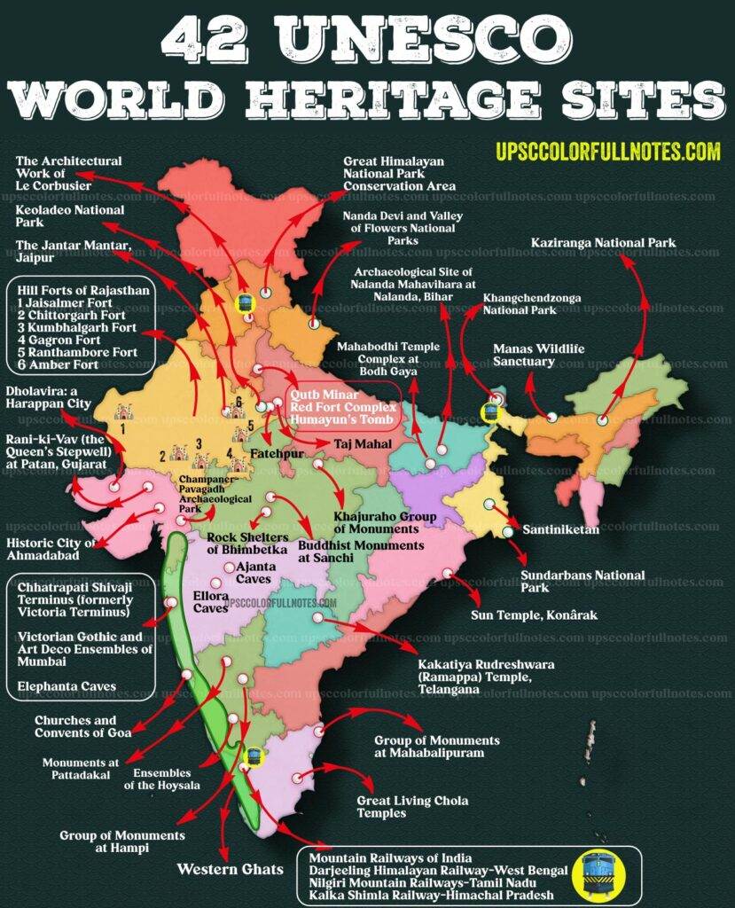 42 UNESCO World Heritage sites in India MAP