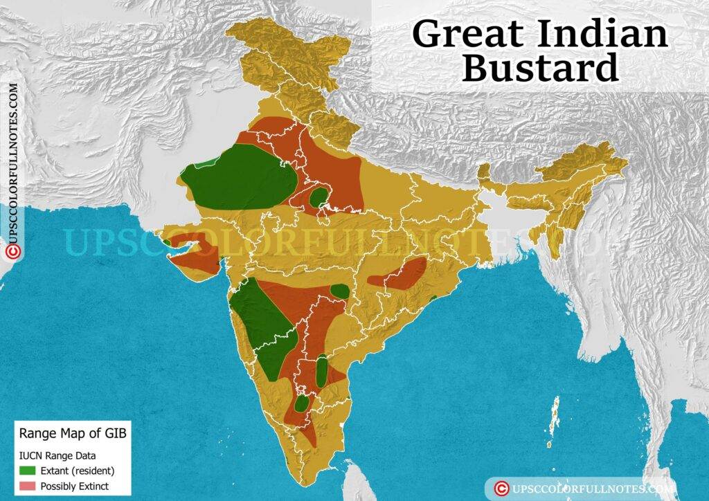 map showing the states where the Great Indian Bustard is found