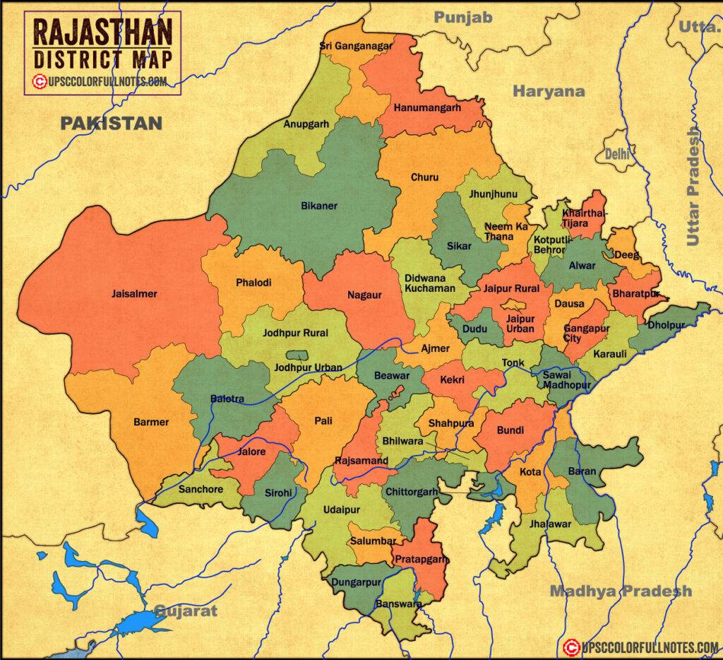 rajasthan map with district and rivers (new 50 districts)