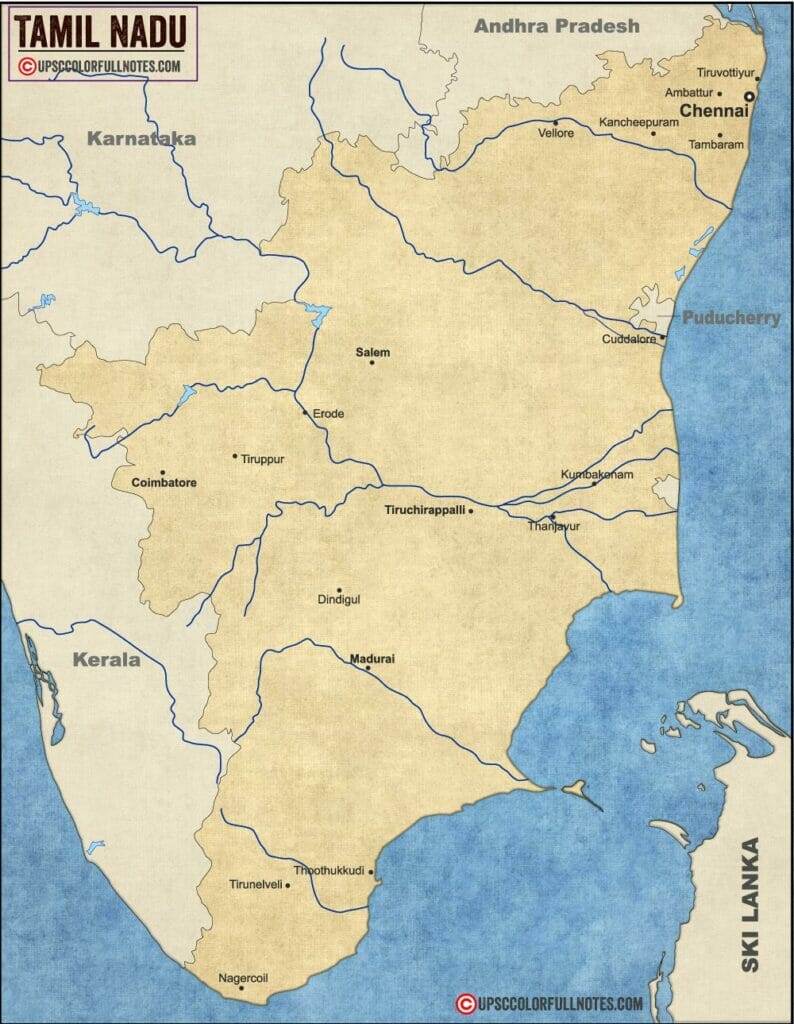 Tamil Nadu state map showing 38 districts and Bay of Bengal coastline