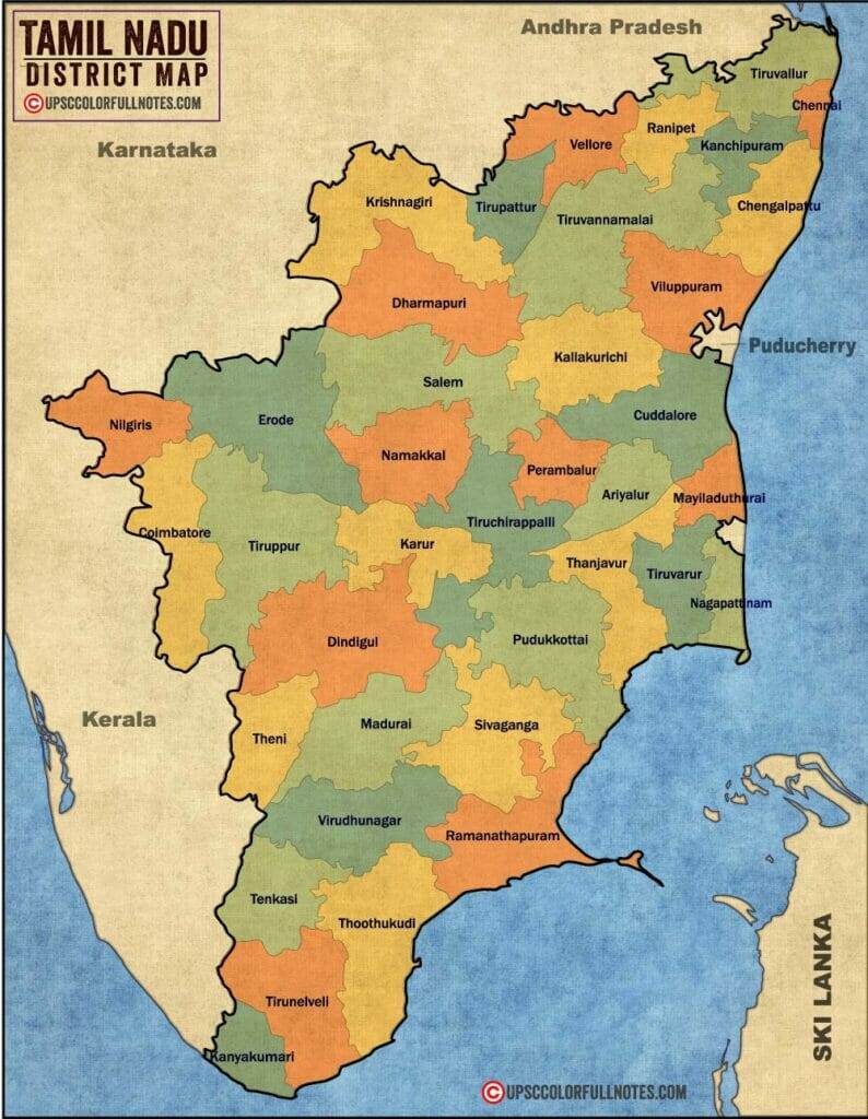Tamil Nadu district map with all 38 district names labeled