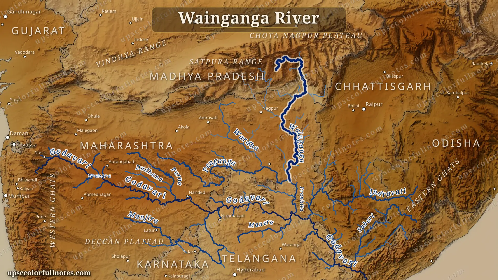 Wainganga river map — 570 km headstream forming the Pranhita with the Wardha at Shivni across Madhya Pradesh and Maharashtra