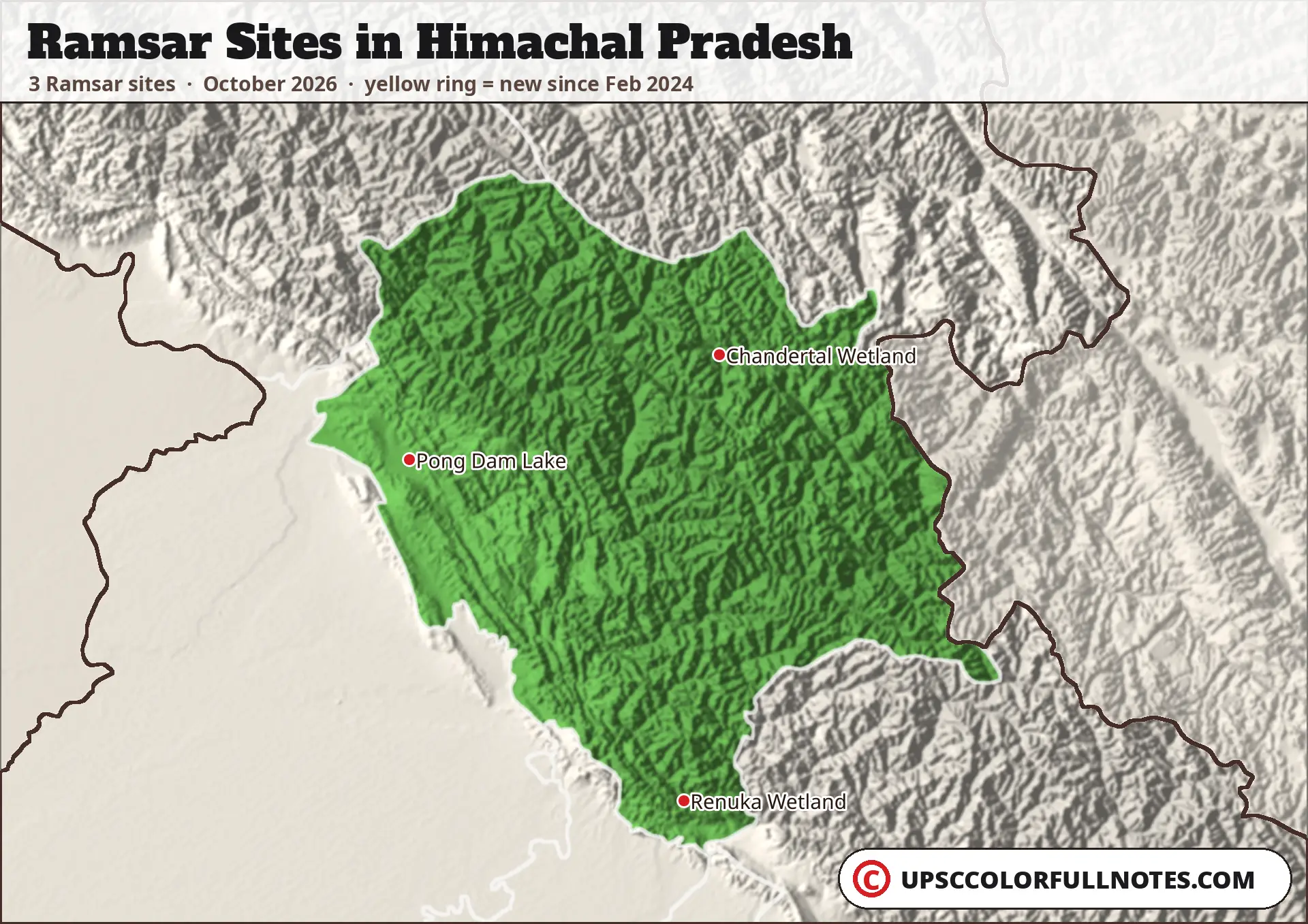 Ramsar sites in Himachal Pradesh map with 3 sites: Pong Dam Lake, Chandertal Wetland and Renuka Wetland