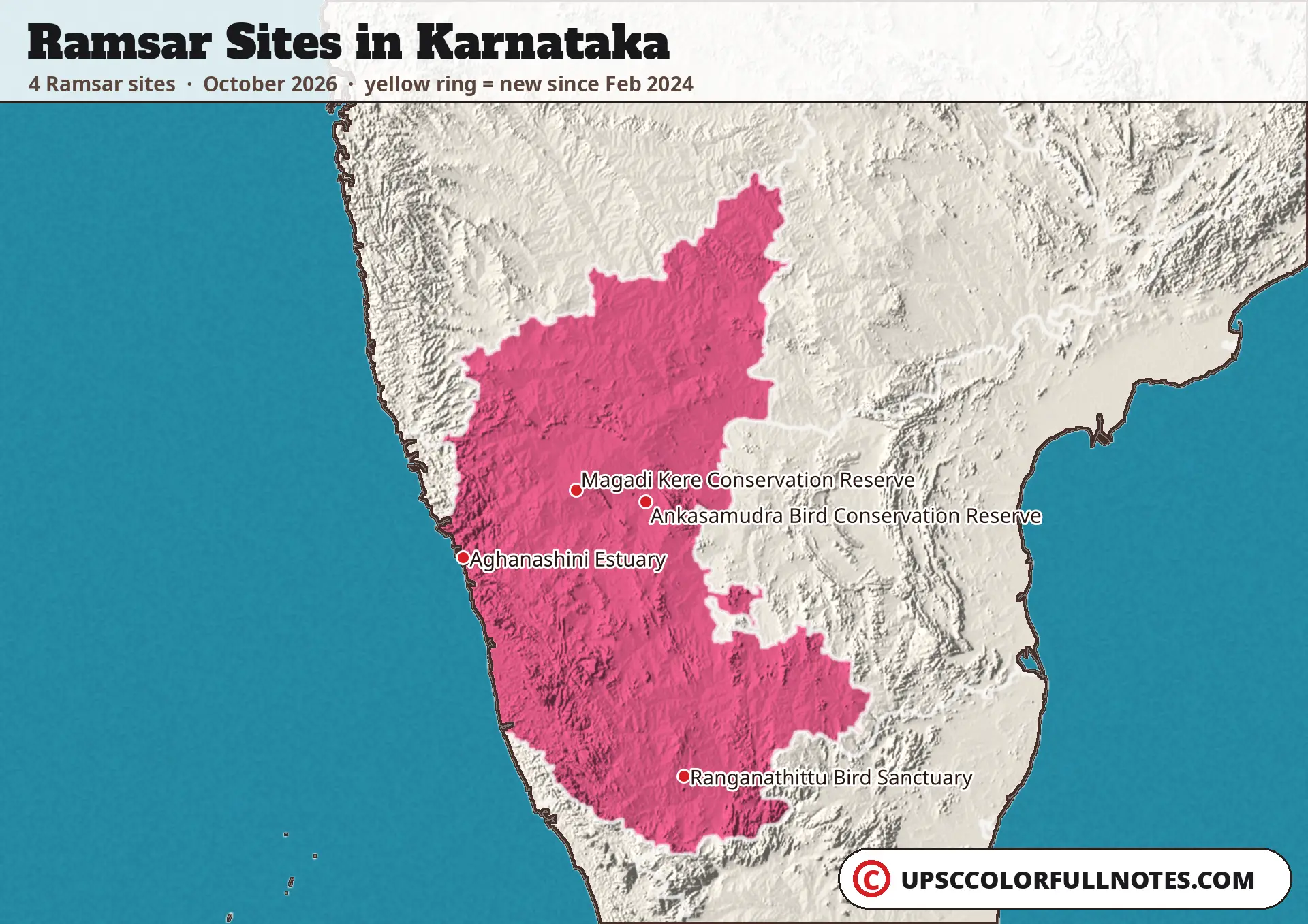 Ramsar sites in Karnataka map with 4 sites, including Ranganathittu Bird Sanctuary, Aghanashini Estuary and Magadi Kere Conservation Reserve