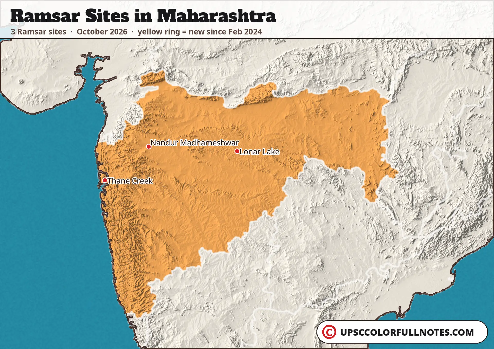 Ramsar sites in Maharashtra map with 3 sites: Nandur Madhameshwar, Lonar Lake and Thane Creek