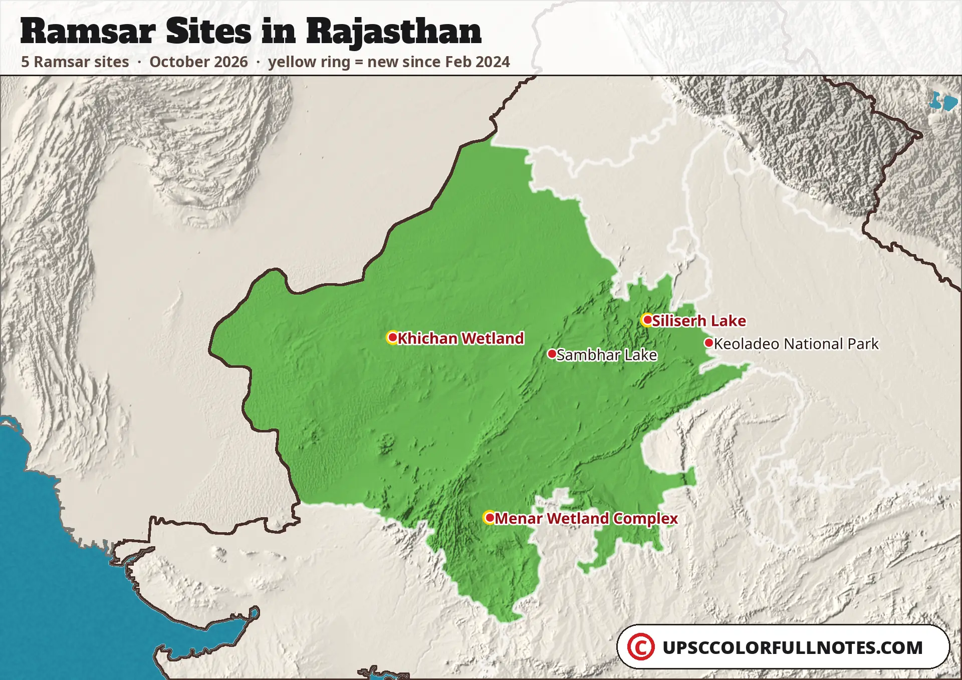 Ramsar sites in Rajasthan map with 5 sites, including Keoladeo National Park, Sambhar Lake and Menar Wetland Complex