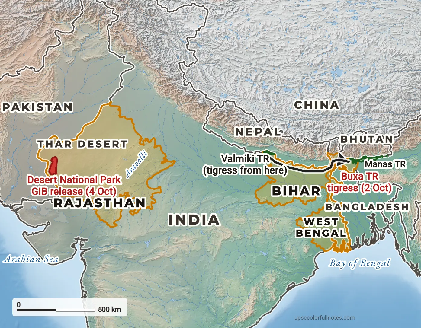 Map of India: the tigress's move from Valmiki Tiger Reserve, Bihar, to Buxa Tiger Reserve, West Bengal; Desert National Park