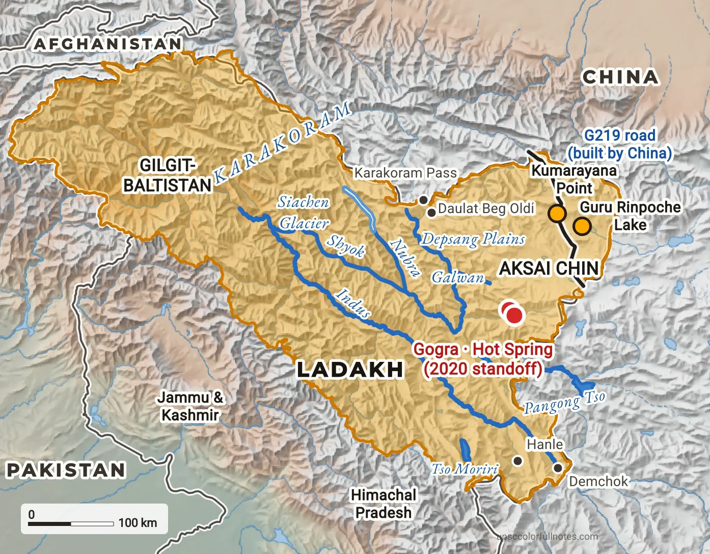 Map of Ladakh with India's official boundary, Aksai Chin, Gilgit-Baltistan and pins for some of the 28 newly named places