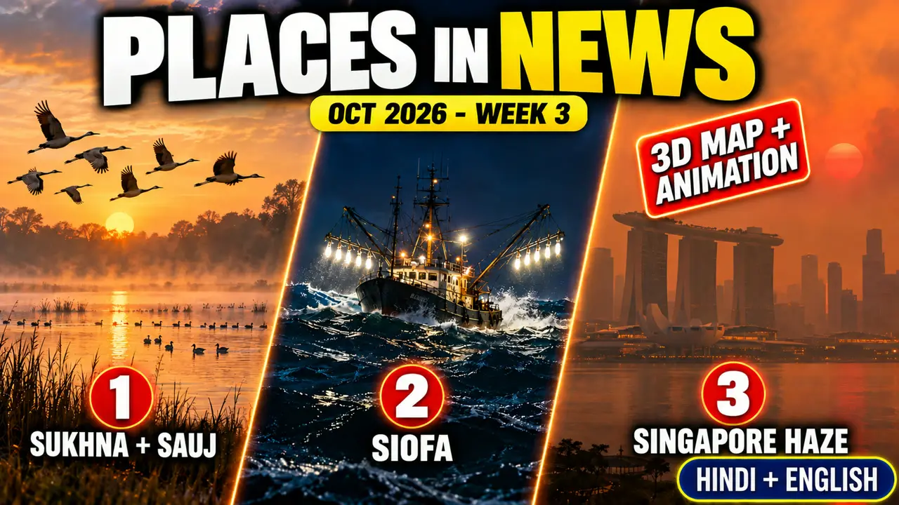 Video thumbnail: Places in News October 2026 Week 3 3D map video, Sukhna & Sauj Jheel, Southern Indian Ocean (SIOFA), Indonesia → Singapore haze