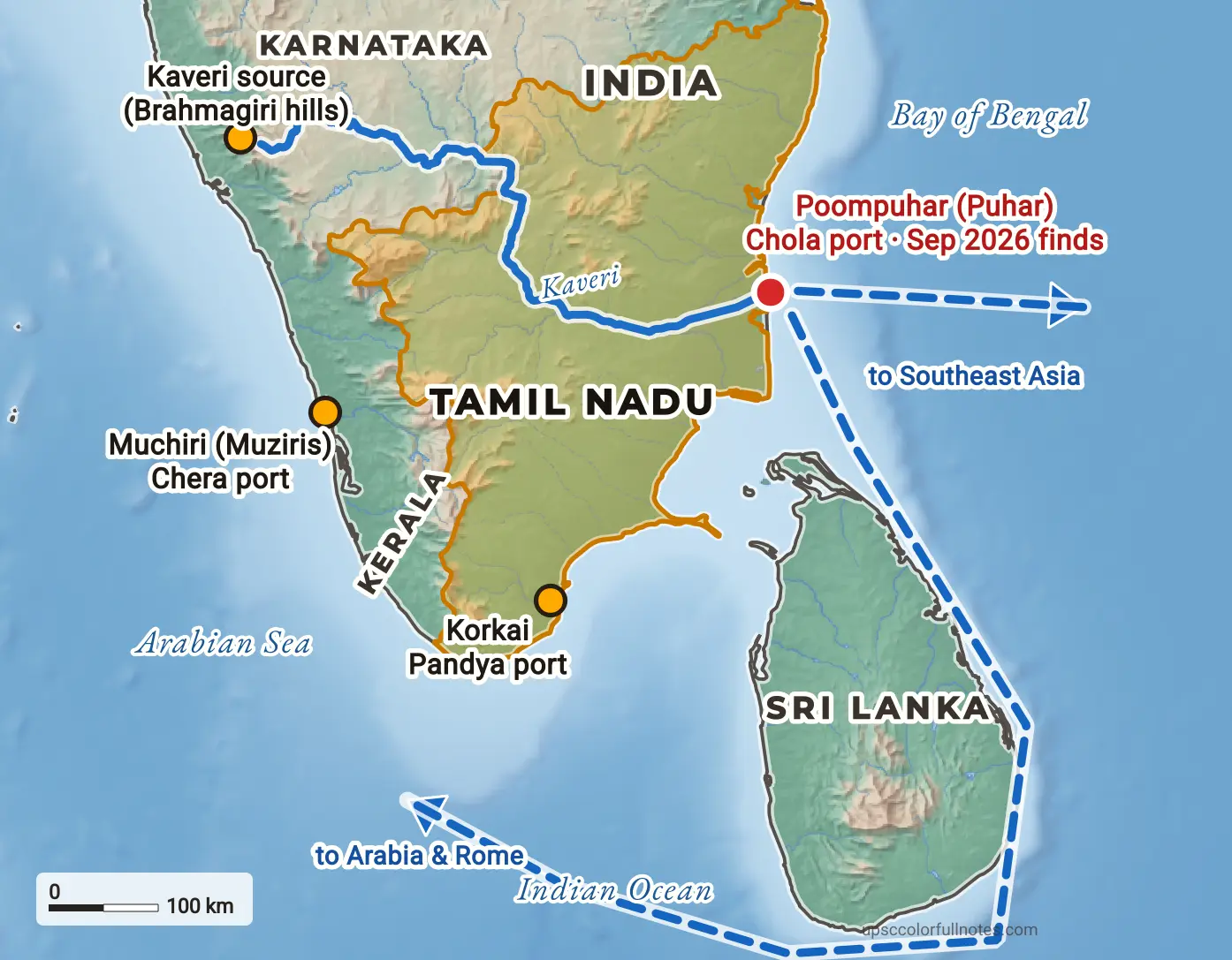 Map of Poompuhar at the Kaveri mouth, Tamil Nadu, the offshore find site and trade routes to Southeast Asia, Arabia and Rome