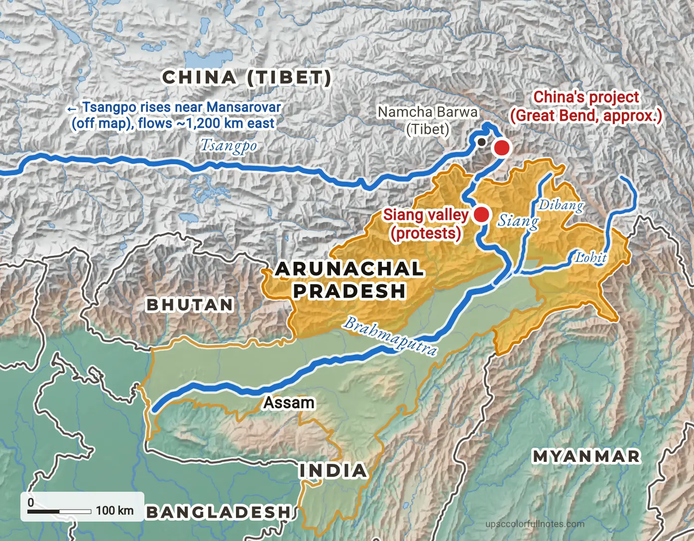 Map of the Tsangpo–Siang–Brahmaputra from Tibet into Arunachal Pradesh and Assam, with the Siang valley, Namcha Barwa and China's Great Bend project marked