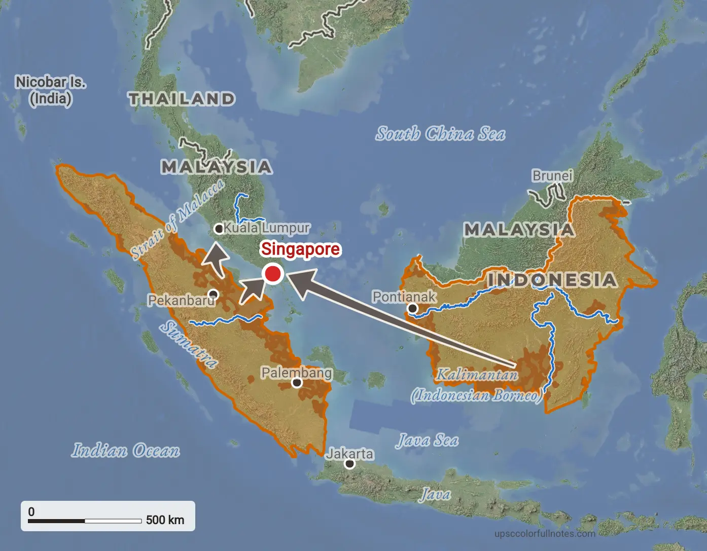 Map of Sumatra, Borneo and Singapore with fire areas and winds