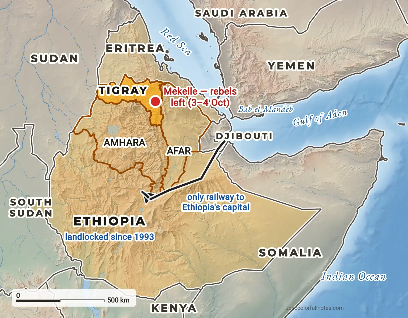 Map of Ethiopia's Tigray region with Mekelle, Eritrea, Sudan, Amhara, Afar and the rail link from Djibouti port