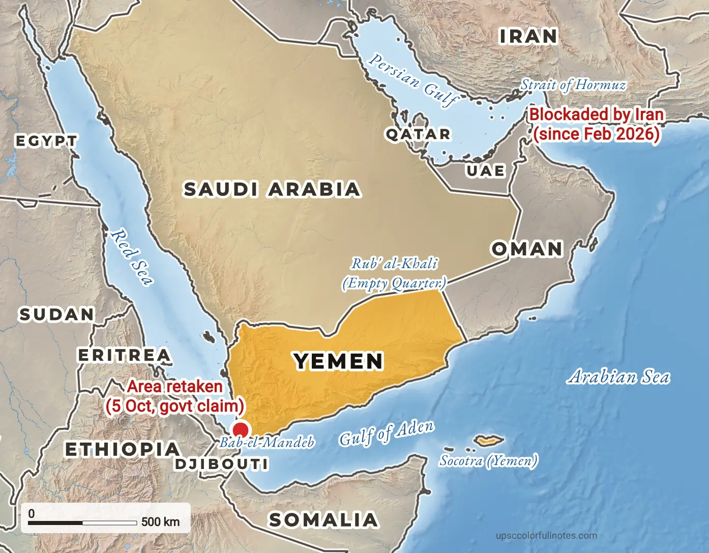 Map of Yemen and the Bab-el-Mandeb strait between the Red Sea and Gulf of Aden, with Perim island, Djibouti and Eritrea
